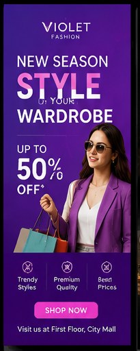 Violet Fashion sample ad creative: New Season Style, up to 50% off