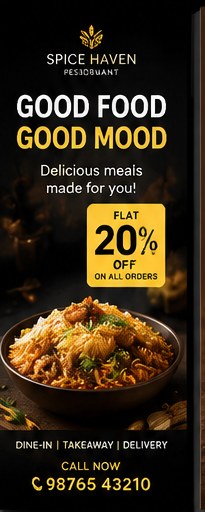 Spice Haven restaurant sample ad creative: Good Food Good Mood, flat 20% off