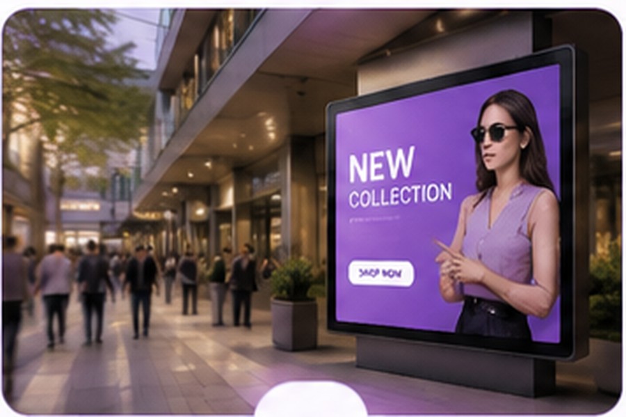 A digital screen displaying a fashion ad along a busy mall walkway