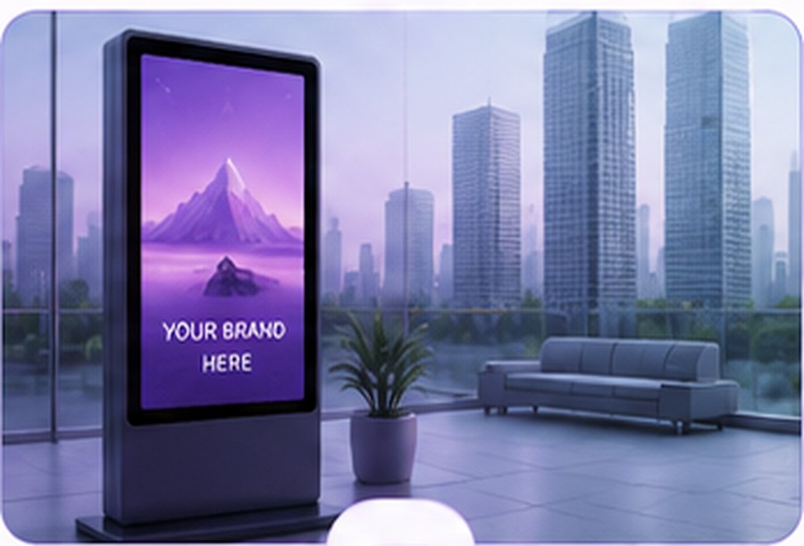 A digital signage screen displaying a brand's ad on a balcony overlooking a city skyline