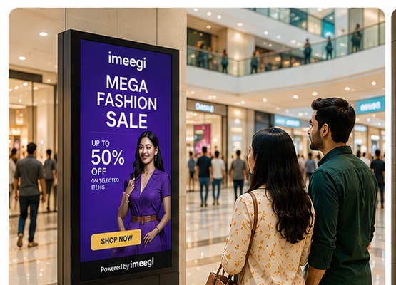 Digital screen advertising display inside a shopping mall corridor