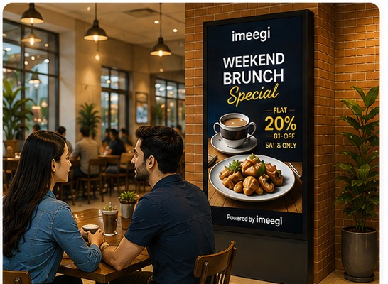 Digital screen advertising display inside a restaurant dining area