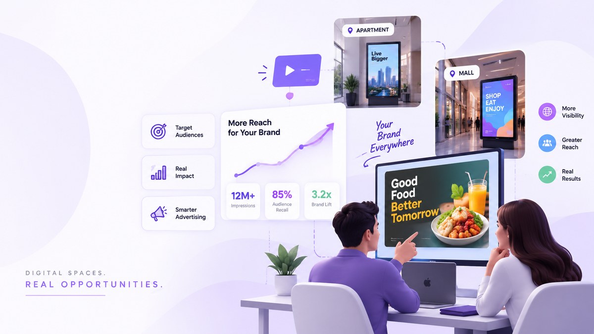 Dashboard showing digital signage advertising reach across apartment, mall, and screen locations with impressions, audience recall, and brand lift metrics